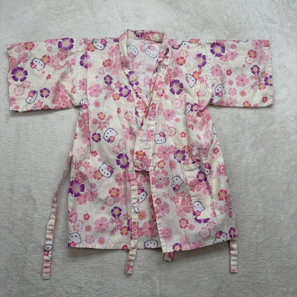 Hello Kitty Kimono Robe Girls 4T Pink Floral Yukata Tie Front Sanrio